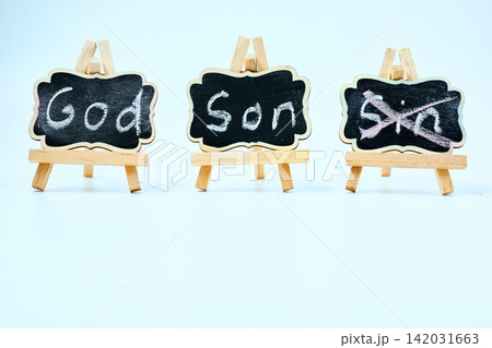 Three Chalk Blackboards God Son Crossout Sin. Three Chalk Blackboards God Son Crossout Sin. 142031663