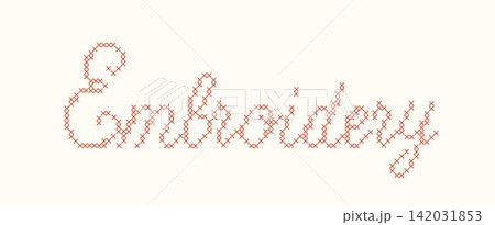 Red cross stitch word Embroidery script typography isolated on white background. A textured cursive embroidery needlework sign for craft room decor, sewing shops, and handmade textile branding. Vector Red cross stitch word Embroidery script typography isolated on white background. A textured cursive embroidery needlework sign for craft room decor, sewing shops, and handmade textile branding. Vector 142031853