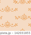 Gothic cross stitch Halloween seamless pattern. Boho embroidery folk art texture. Repeatable pumpkin and vine garland motif on backdrop for digital scrapbooking, autumn textiles, and eerie design. 142031855