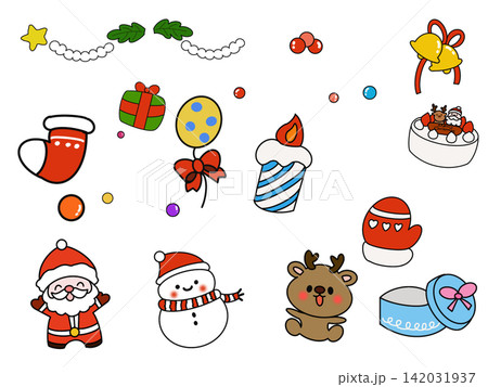 サンタと雪だるまの楽しいクリスマスイラストセット サンタと雪だるまの楽しいクリスマスイラストセット 142031937
