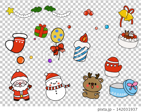 サンタと雪だるまの楽しいクリスマスイラストセット サンタと雪だるまの楽しいクリスマスイラストセット 142031937