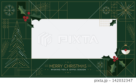 Merry Christmas calligraphy with abstract geometric elements and blank rectangular frame on green background modern retro style horizontal template Merry Christmas calligraphy with abstract geometric elements and blank rectangular frame on green background modern retro style horizontal template 142032347