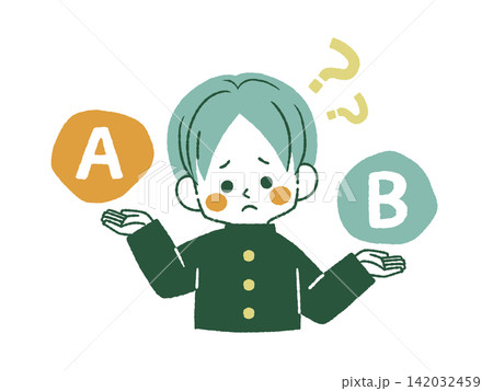 比較をしている困った表情の男子学生-4色 比較をしている困った表情の男子学生-4色 142032459