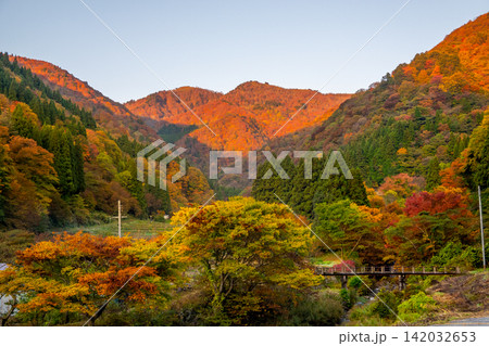 朝日に輝く赤と黄色の錦秋山脈と小さな橋のある風景※作品コメント欄に撮影位置 朝日に輝く赤と黄色の錦秋山脈と小さな橋のある風景※作品コメント欄に撮影位置 142032653