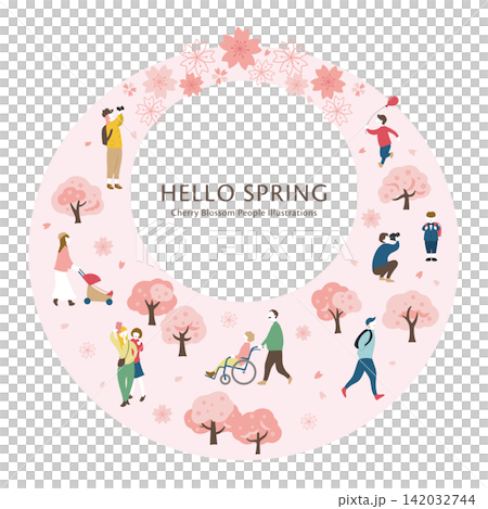 Illustration of people enjoying cherry blossoms and spring (pink circular frame) Illustration of people enjoying cherry blossoms and spring (pink circular frame) 142032744