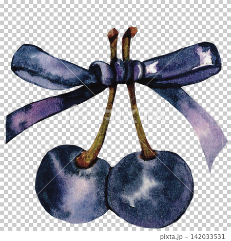 Dark Blue Cherries with Ribbon Halloween Illustration Dark Blue Cherries with Ribbon Halloween Illustration 142033531