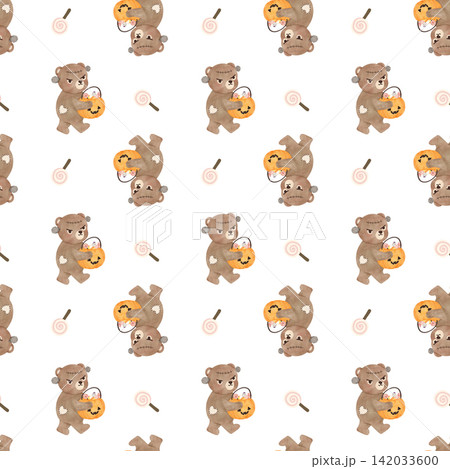 Halloween Watercolor Monster Bear Seamless Pattern with Pumpkin Bucket and Lollipop Halloween Watercolor Monster Bear Seamless Pattern with Pumpkin Bucket and Lollipop 142033600
