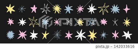 Crayon star icon set. Bright star stickers and firecracker bursts shine. Vector illustrations with grunge textures. Doodle sparkle elements in kids style 142033616
