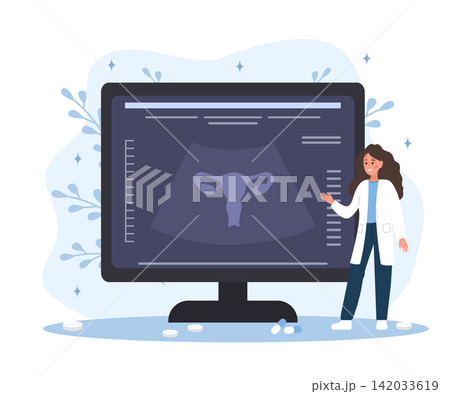 Reproductive system diseases. Ultrasound for fibroids and endometriosis. Human uterus. Gynecology illustration for medical blog website, app. Flat vector illustration 142033619