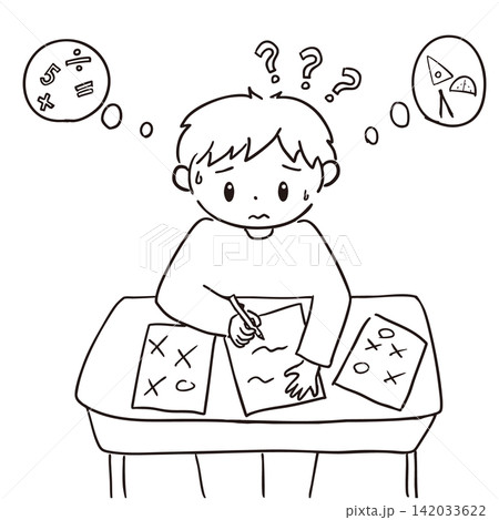 勉強が分からない子どものイラストモノクロ 勉強が分からない子どものイラストモノクロ 142033622