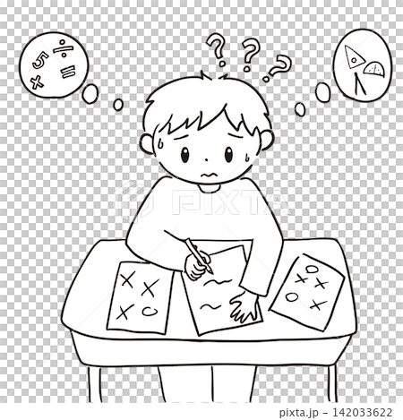 勉強が分からない子どものイラストモノクロ 勉強が分からない子どものイラストモノクロ 142033622