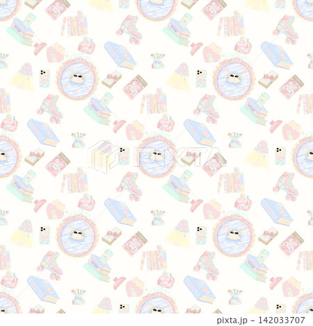 Cute Pink Cat Seamless Pattern Pastel Kawaii Cat Digital Paper 142033707