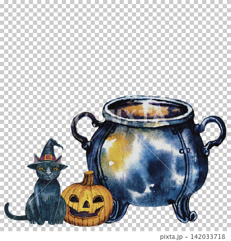 Halloween Cauldron with Pumpkin and Mystical Decorations Watercolor Illustration 142033718