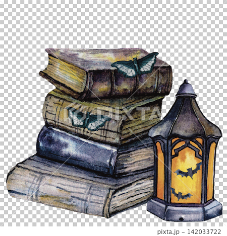 Gothic Books, Lantern and Vintage Halloween Still Life Watercolor Illustration Gothic Books, Lantern and Vintage Halloween Still Life Watercolor Illustration 142033722