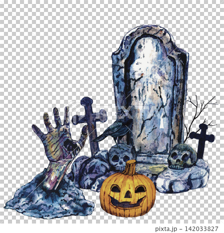 Haunted Cemetery with Tombstone and Pumpkin Watercolor Halloween Illustration Haunted Cemetery with Tombstone and Pumpkin Watercolor Halloween Illustration 142033827