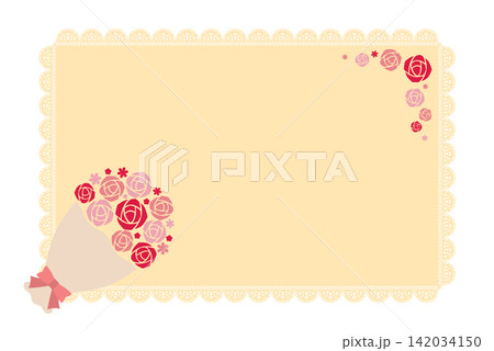 ピンクのバラの花束とレースフレームのセット 142034150