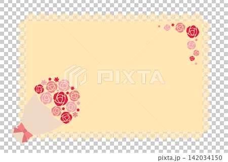 ピンクのバラの花束とレースフレームのセット 142034150