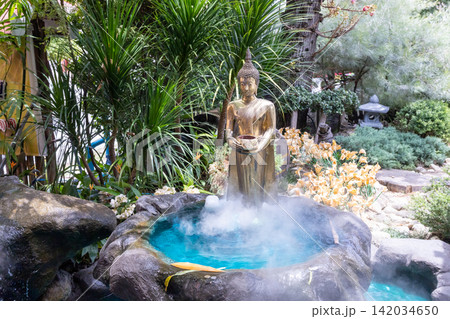 Serene Buddha statue amidst mystical mist 142034650