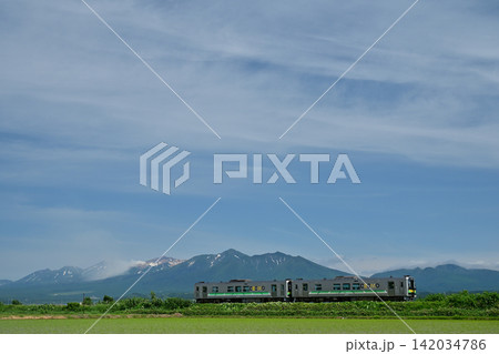 十勝岳連峰をバックに走るH100形の列車 142034786