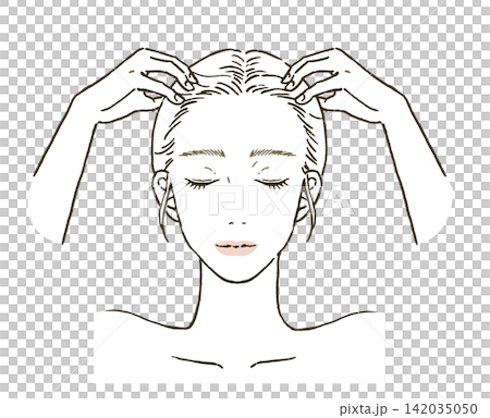 Beauty: Illustration of a woman giving herself a scalp massage. Beauty: Illustration of a woman giving herself a scalp massage. 142035050