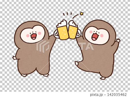 Two monkeys happily toast with beer mugs (at a drinking party). Two monkeys happily toast with beer mugs (at a drinking party). 142035462