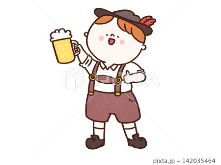 ビールジョッキを掲げて乾杯するレーダーホーゼン姿の男性(オクトーバーフェスト) ビールジョッキを掲げて乾杯するレーダーホーゼン姿の男性(オクトーバーフェスト) 142035464