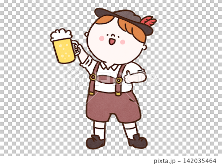 ビールジョッキを掲げて乾杯するレーダーホーゼン姿の男性(オクトーバーフェスト) ビールジョッキを掲げて乾杯するレーダーホーゼン姿の男性(オクトーバーフェスト) 142035464