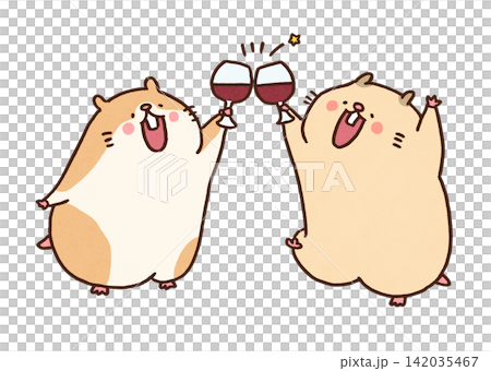 赤ワインのグラスで楽しそうに乾杯をする2匹のハムスター(飲み会・パーティー) 赤ワインのグラスで楽しそうに乾杯をする2匹のハムスター(飲み会・パーティー) 142035467