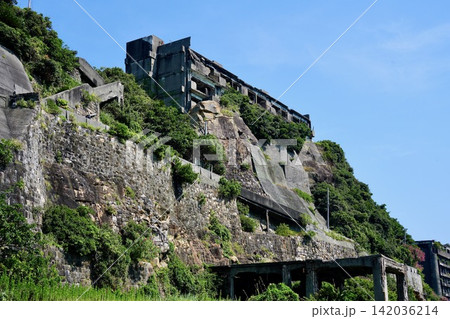 青空と緑に包まれた世界遺産・端島(軍艦島)のコンクリート廃墟遺構 青空と緑に包まれた世界遺産・端島(軍艦島)のコンクリート廃墟遺構 142036214