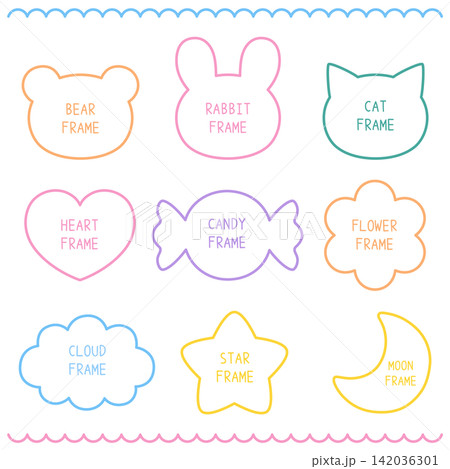 かわいいフレームのベクターイラストセット。くま、うさぎ、ハート、星、枠 かわいいフレームのベクターイラストセット。くま、うさぎ、ハート、星、枠 142036301