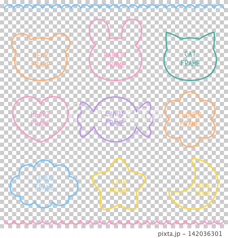 かわいいフレームのベクターイラストセット。くま、うさぎ、ハート、星、枠 かわいいフレームのベクターイラストセット。くま、うさぎ、ハート、星、枠 142036301