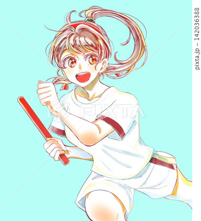 体操服を着て走る笑顔の女の子 バトン ハチマキ 体操服を着て走る笑顔の女の子 バトン ハチマキ 142036388