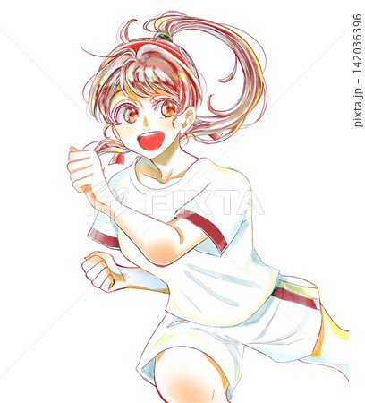体操服を着て走る笑顔の女の子 ハチマキ 汗なし 体操服を着て走る笑顔の女の子 ハチマキ 汗なし 142036396
