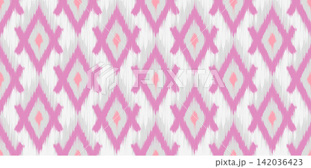 Ikat seamless pattern with pink rhombus. Ethnic abstract geometric rug textured background. Tribal print for oriental style textile and fabric. Ikat seamless pattern with pink rhombus. Ethnic abstract geometric rug textured background. Tribal print for oriental style textile and fabric. 142036423