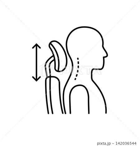 Minimal line art illustration of an adjustable office chair headrest showing height adjustment arrows for proper neck alignment. Minimal line art illustration of an adjustable office chair headrest showing height adjustment arrows for proper neck alignment. 142036544
