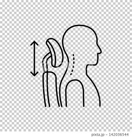 Minimal line art illustration of an adjustable office chair headrest showing height adjustment arrows for proper neck alignment. Minimal line art illustration of an adjustable office chair headrest showing height adjustment arrows for proper neck alignment. 142036544