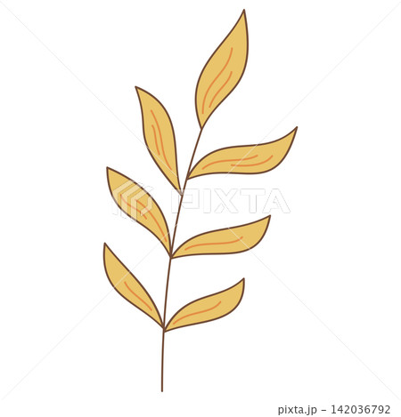 Flat style sticker illustration of a yellow autumn twig with leaves isolated on transparent background. Botanical fall branch foliage clip art graphic for seasonal project asset. Flat style sticker illustration of a yellow autumn twig with leaves isolated on transparent background. Botanical fall branch foliage clip art graphic for seasonal project asset. 142036792