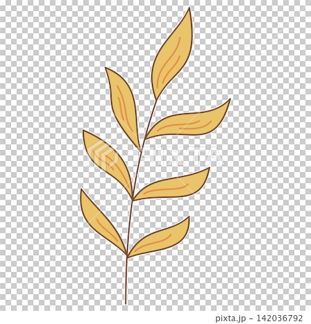 Flat style sticker illustration of a yellow autumn twig with leaves isolated on transparent background. Botanical fall branch foliage clip art graphic for seasonal project asset. Flat style sticker illustration of a yellow autumn twig with leaves isolated on transparent background. Botanical fall branch foliage clip art graphic for seasonal project asset. 142036792