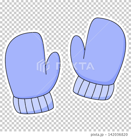 Flat style sticker illustration of a pair of blue winter mittens isolated on transparent background. Cold weather warm clothes knitted gloves vector graphic icon element for seasonal asset. Flat style sticker illustration of a pair of blue winter mittens isolated on transparent background. Cold weather warm clothes knitted gloves vector graphic icon element for seasonal asset. 142036820