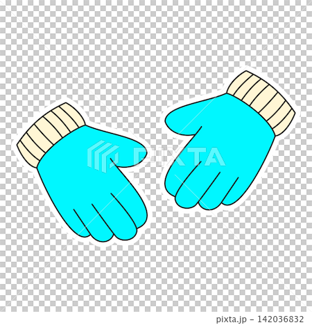 Flat style sticker illustration of cyan winter gloves isolated on transparent background. Cold weather warm clothes knitted mittens vector graphic icon design element for seasonal project asset. Flat style sticker illustration of cyan winter gloves isolated on transparent background. Cold weather warm clothes knitted mittens vector graphic icon design element for seasonal project asset. 142036832