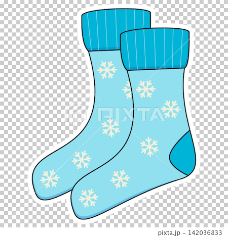Flat style sticker illustration of a pair of blue winter socks with snowflake pattern isolated on transparent background. Warm knitted socks vector graphic icon for seasonal cold weather asset. Flat style sticker illustration of a pair of blue winter socks with snowflake pattern isolated on transparent background. Warm knitted socks vector graphic icon for seasonal cold weather asset. 142036833