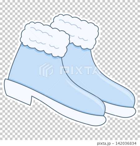Flat style sticker illustration of a pair of light blue winter boots isolated on transparent background. Warm snow footwear boots vector graphic icon design element for seasonal winter asset. Flat style sticker illustration of a pair of light blue winter boots isolated on transparent background. Warm snow footwear boots vector graphic icon design element for seasonal winter asset. 142036834
