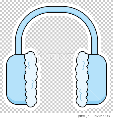 Flat style sticker illustration of light blue winter earmuffs isolated on transparent background. Warm ear warmers seasonal accessory vector graphic icon element for cold weather project asset. Flat style sticker illustration of light blue winter earmuffs isolated on transparent background. Warm ear warmers seasonal accessory vector graphic icon element for cold weather project asset. 142036835