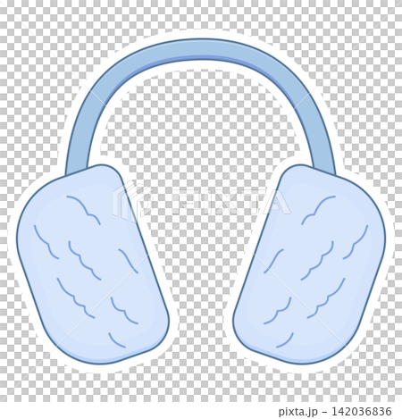 Flat style sticker illustration of light blue fluffy winter earmuffs isolated on transparent background. Warm ear protection accessory vector graphic design element for winter seasonal asset. Flat style sticker illustration of light blue fluffy winter earmuffs isolated on transparent background. Warm ear protection accessory vector graphic design element for winter seasonal asset. 142036836