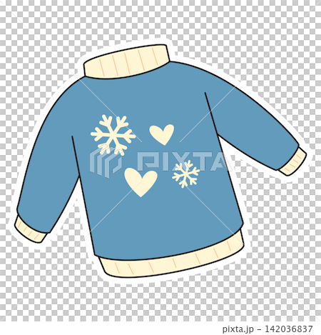 Flat style sticker illustration of a blue winter jumper sweater with snowflake isolated on transparent background. Warm knitted clothes vector graphic icon element for seasonal winter asset. 142036837