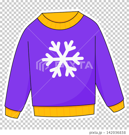 Flat style sticker illustration of a purple winter jumper sweater with a snowflake pattern isolated on transparent background. Warm knitted apparel vector graphic icon for seasonal winter asset. Flat style sticker illustration of a purple winter jumper sweater with a snowflake pattern isolated on transparent background. Warm knitted apparel vector graphic icon for seasonal winter asset. 142036838