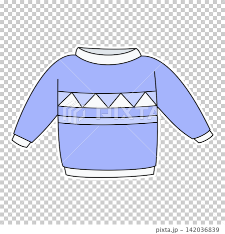 Flat style sticker illustration of a light blue winter pullover sweater isolated on transparent background. Warm knitted clothing vector graphic design element for cold seasonal design asset. Flat style sticker illustration of a light blue winter pullover sweater isolated on transparent background. Warm knitted clothing vector graphic design element for cold seasonal design asset. 142036839