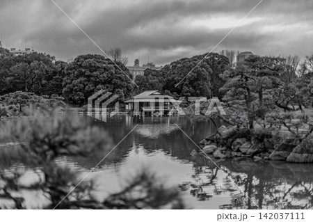 モノクロの松の前ボケ越しに佇む静寂な池畔の涼亭 清澄庭園 2024年3月 142037111