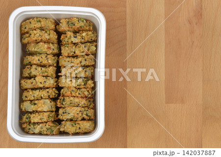 Container of Soy Patties Container of Soy Patties 142037887