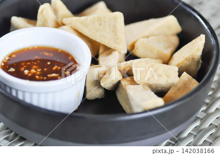 fried tofu with dip or bean cake, bean curd fried tofu with dip or bean cake, bean curd 142038166